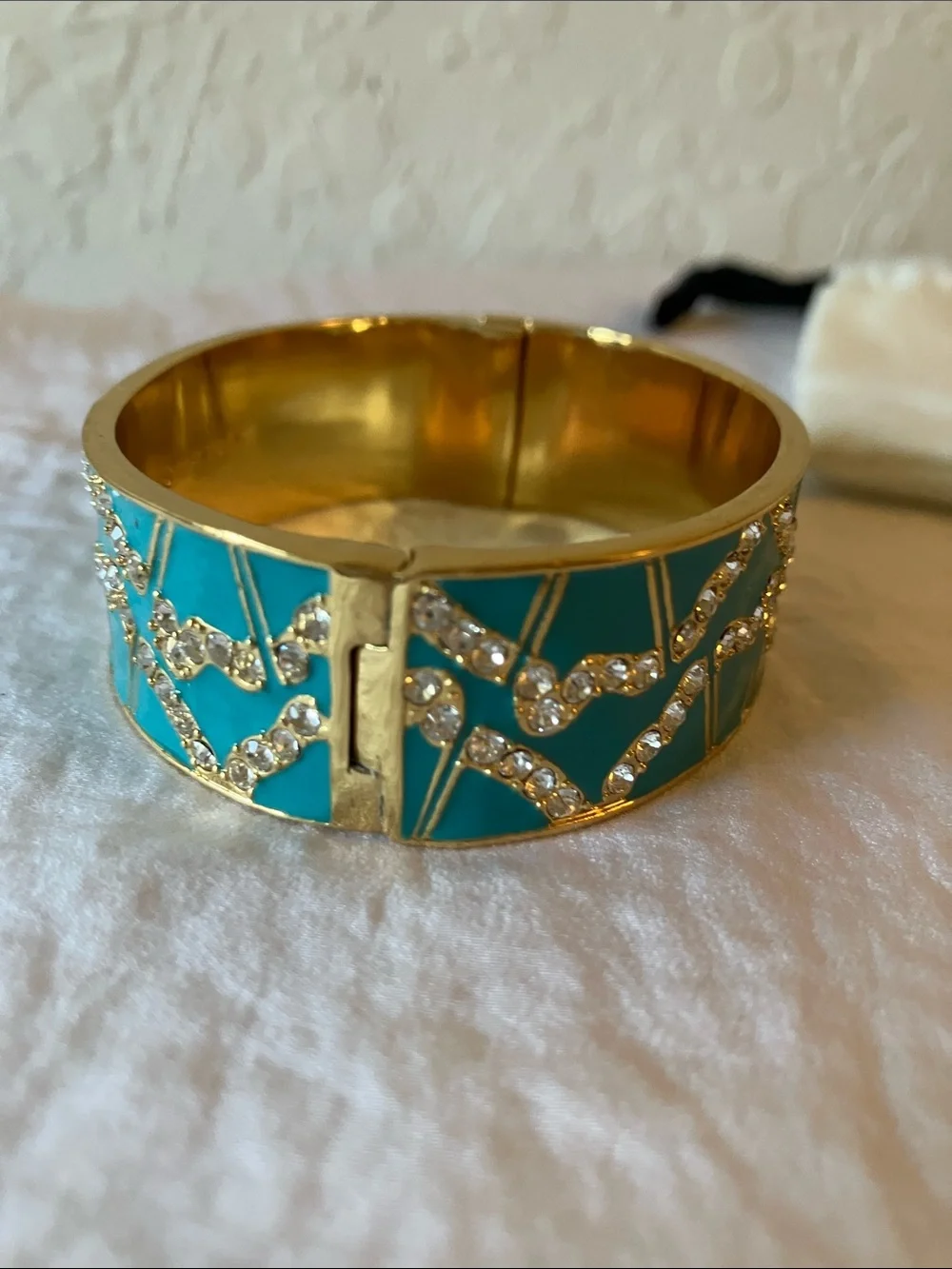 kate spade: Turquoise Enamel & Gold Tone Crystal-Accent Bangle- Hinge- Dust Bag